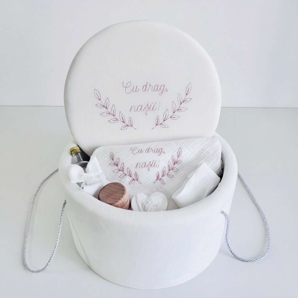 Trusou Din Muselina Pentru Botez + Cutie Pentru Trusou Brodată