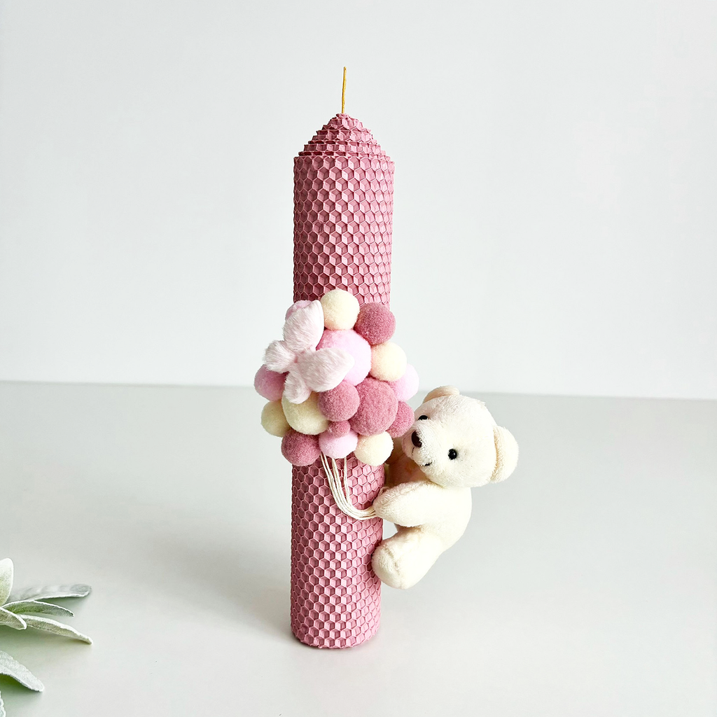 Lumânare de botez din ceară naturală  și biluțe catifelate și ursuleț