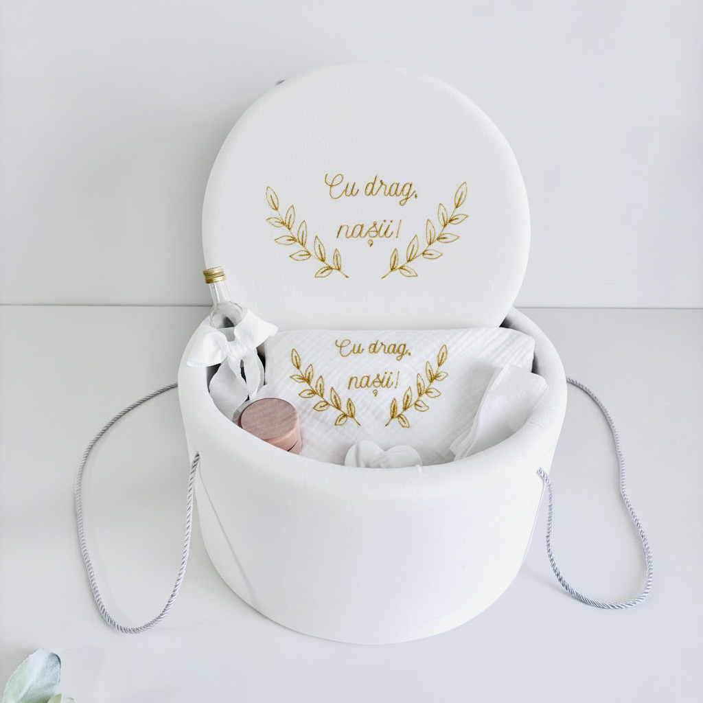Trusou Din Muselina Pentru Botez + Cutie Pentru Trusou Brodată