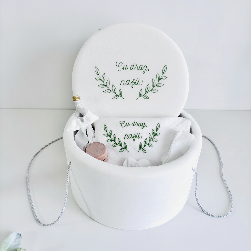 Trusou Din Muselina Pentru Botez + Cutie Pentru Trusou Brodată