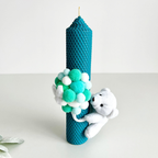 Lumânare de botez din ceară naturală  și biluțe catifelate și ursuleț