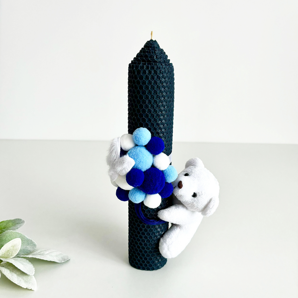 Lumânare de botez din ceară naturală  și biluțe catifelate și ursuleț