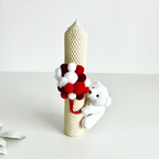 Lumânare de botez din ceară naturală  și biluțe catifelate și ursuleț