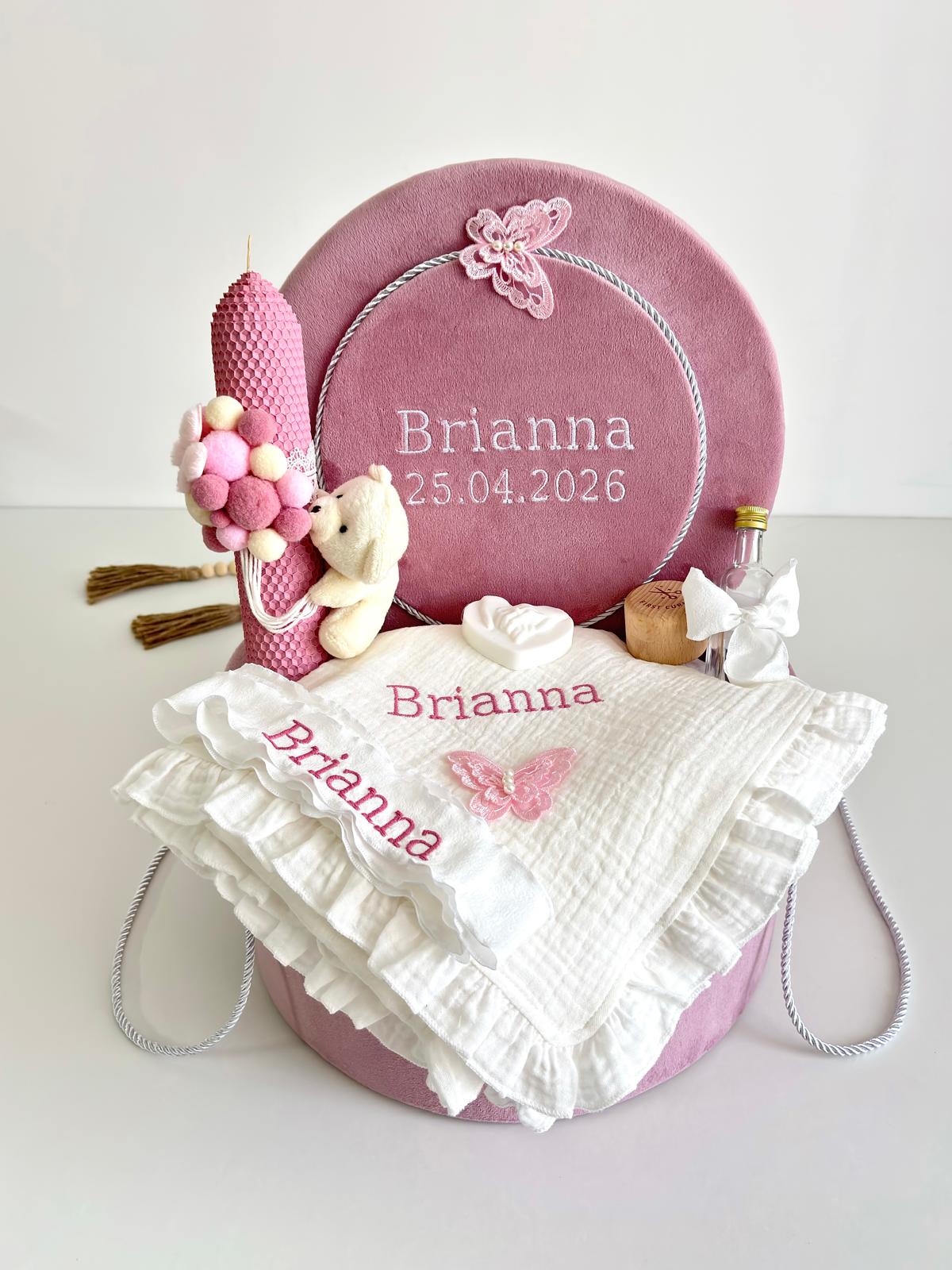 Set Trusou din Muselina Pentru Botez Personalizat + Cutie Pentru Trusou Personalizată si Lumânare TB035
