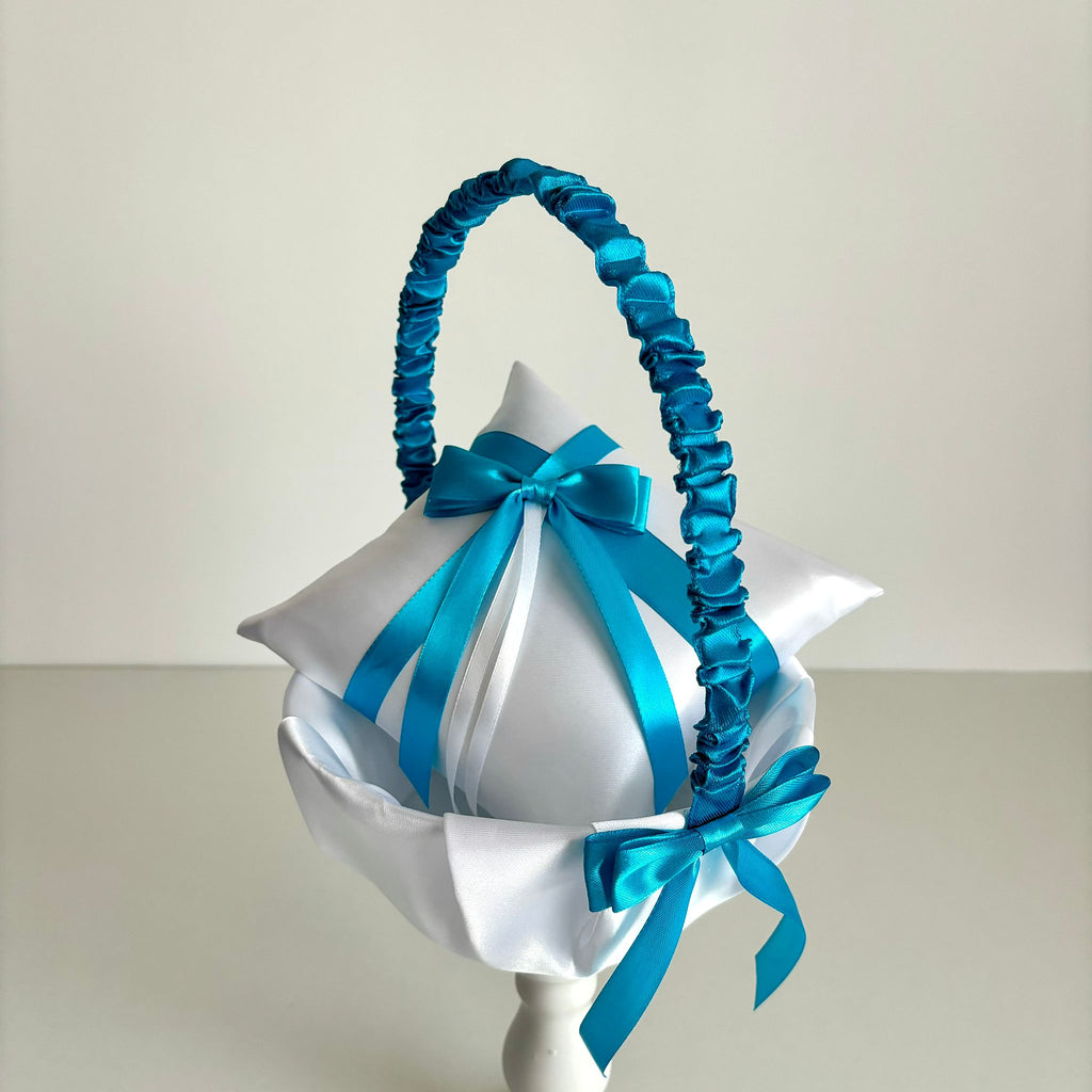 Coșuleț și Pernuță pentru Nuntă cu panglică Turcuaz